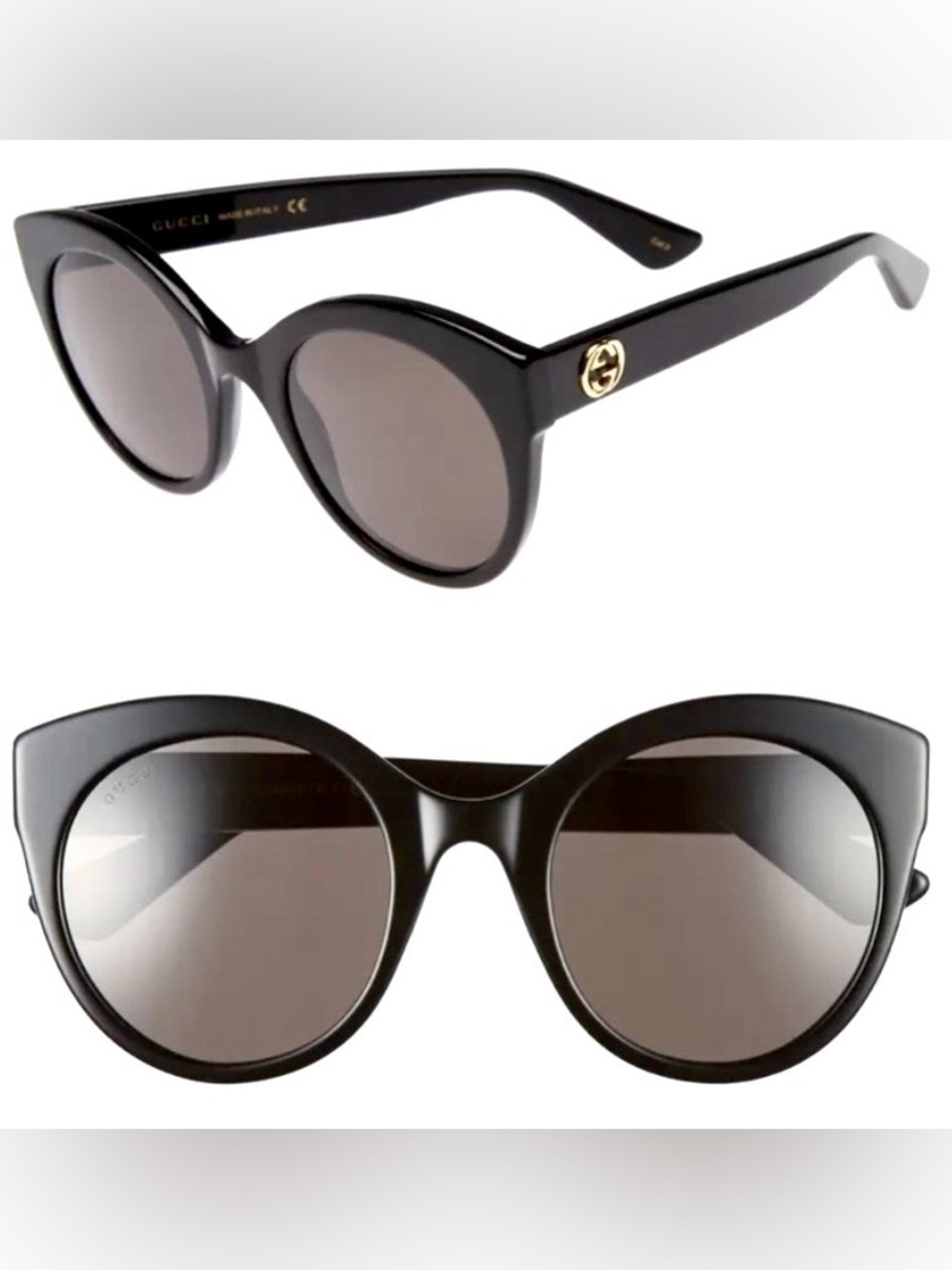 SOLD OUT Gucci GG Cat Eye Sunglasses Black Gold Logo 52mm Made in Italy Rare